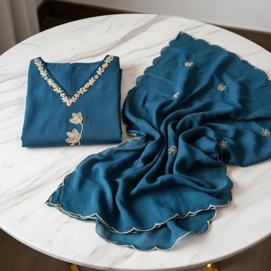 peacock blue jute embroidery kurti