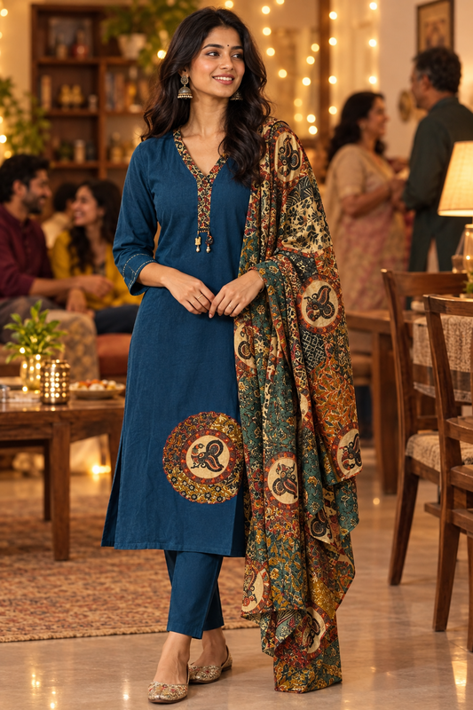 peacock blue kalamkari patch kurti pant duppata set