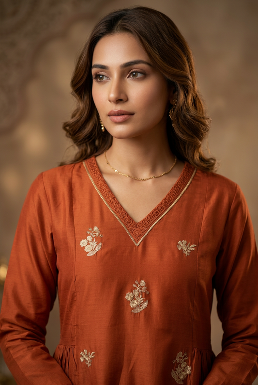 Rust range pleated semi Anarkali kurti